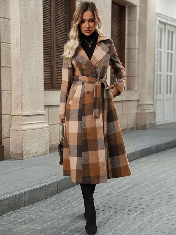 Women's Long Double Breasted Trench Coat With Notched Lapel & Belt - Wool Blend Overcoat In Black/Green/Khaki/Charcoal/Check For Fall Winter_voghion.com
