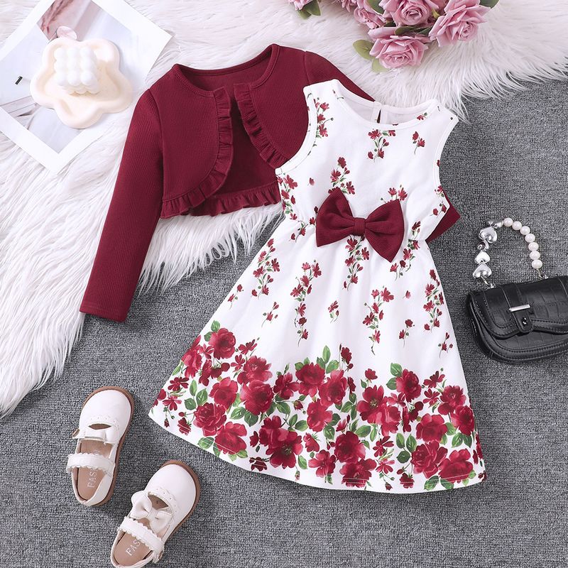 EW Children's Clothing New Product for Girls Spring and Autumn Printed Dress Knitted Cardigan Set TZ828-C_voghion.com