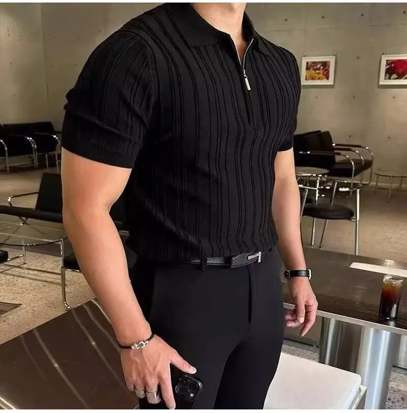 Half Zipper Shirt Men's Short Sleeve Lapel Knitted Tops Handsome Shirt Men's_voghion.com