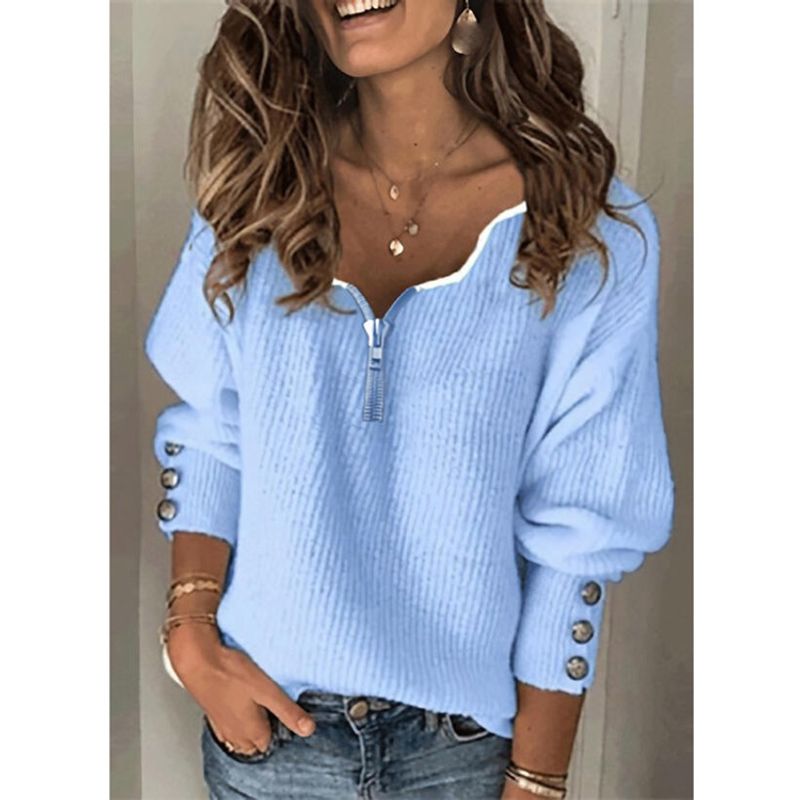 Mode frauen kleidung einfarbig zipper gestrickte V-ausschnitt lose und lange_voghion.com