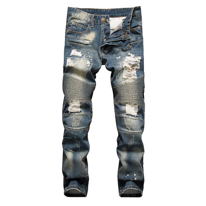 Fourniture de vêtements pour hommes, jeans noirs extensibles pour motard, pantalons en denim patchwork divers_voghion.com