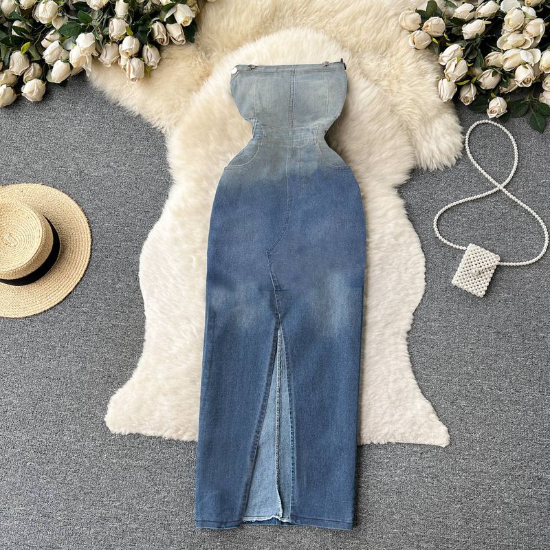 Women's One Shoulder Sheath Cowboy Waist Sexy Split Vintage Style Package Hip Skirt_voghion.com