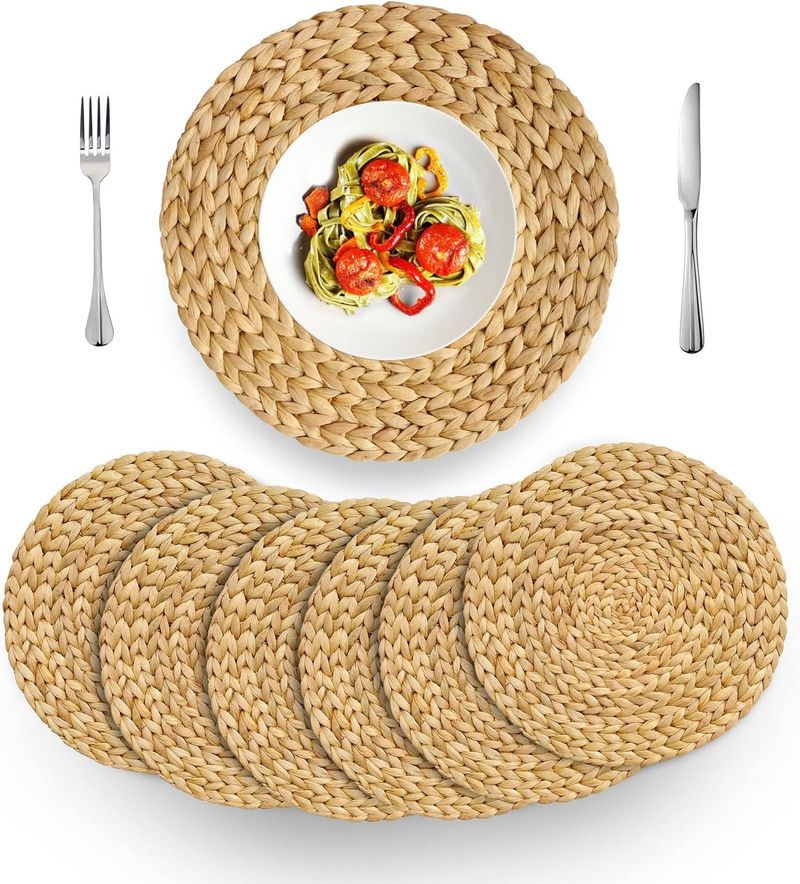 (Tamanhos: 12") Wannilen Woven Placemats Redondo Natural Water Hyacinth Placemat para Mesa de Jantar, Placemats Feitos à Mão Resistente ao Calor Antiderrapante (Conjunto de 6)_voghion.com