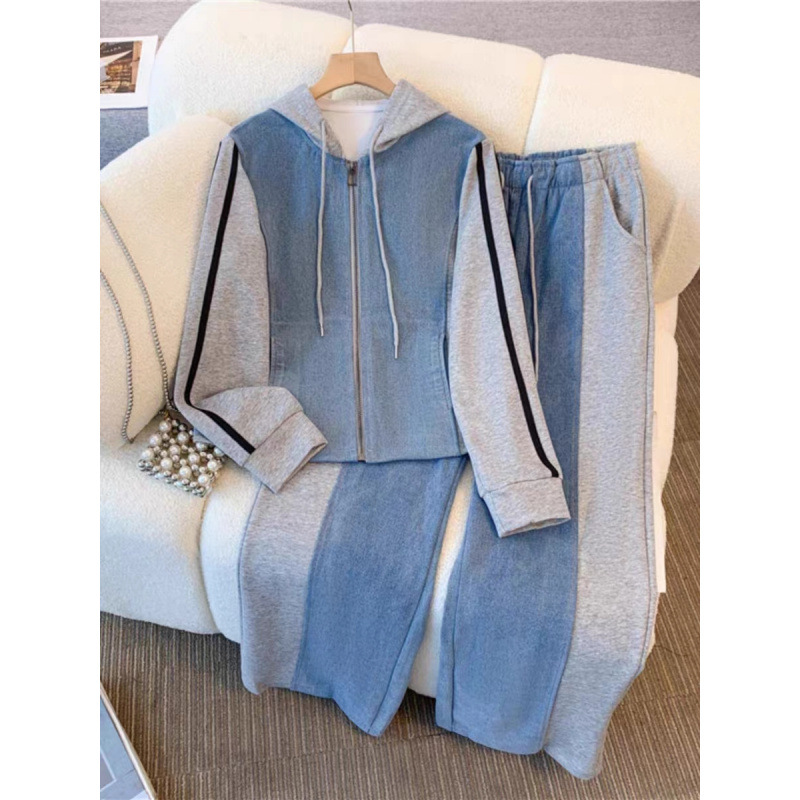 Dameskleding Nieuwe herfst Dameskleding Ritssluiting Ontwerp Denim Splicing Sweatshirt Wijde pijpen Broek High End Temperament Slim Tweedelig Pak_voghion.com
