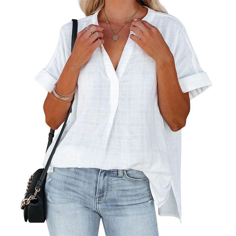 2024 Zomer Nieuw Kort mouw Dun V-hals Capuchon Dames Shirt_voghion.com
