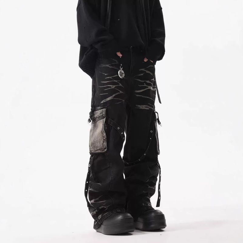 Herrenbekleidung High Street Retro-Design Washed Lightning Raw Edge Jeans Lose Gerade Freizeithose_voghion.com