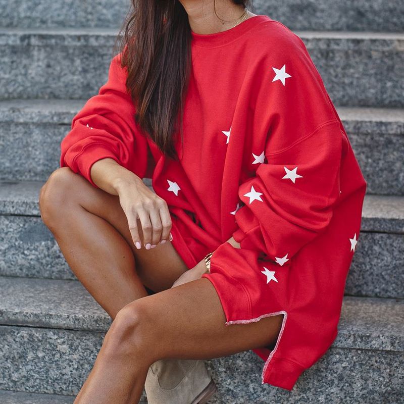 Women's Loose Fit Large Round Neck Long Sleeve Star Print Sweater_voghion.com
