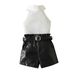 Summer Girls' Standing Neck Pit Striped Sleeveless Top PU Leather Shorts Set_voghion.com