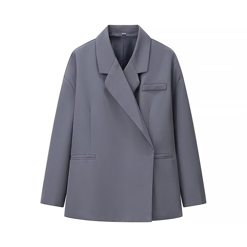 Blazer oversize pour femme – Manteau classique à manches longues et revers crantés avec poches, en polyester, tenue de travail décontractée (noir/gris/kaki, S/M/L)_voghion.com