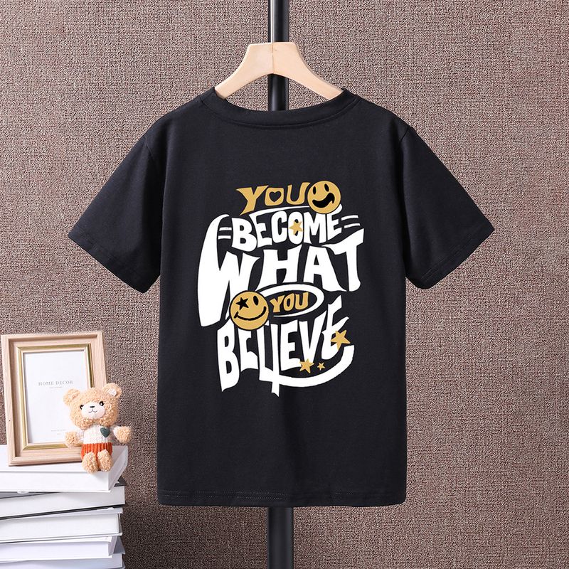 Mother&Kids Youth T-shirt Smiley face back letter-printed short-sleeved T-shirt boys casual children's wear_voghion.com