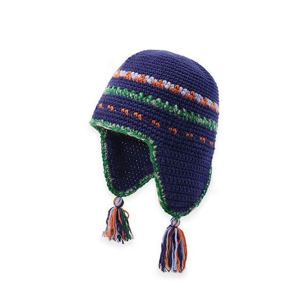 Cappello Lei Feng lavorato a maglia in stile etnico retrò con paraorecchie intrecciato a blocchi di colore per donna, caldo cappello invernale tibetano per viaggi e fotografia_voghion.com