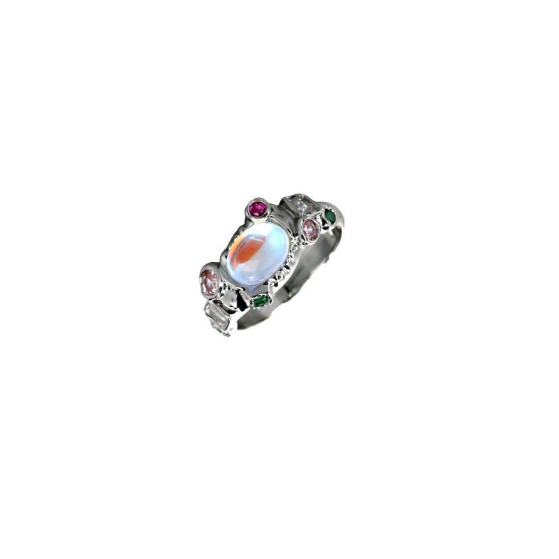 S Silber Farbe Meerjungfrau Opal Mondstein Edelstein Zirkon Rosa Diamant Ring Lava Stein Nischen Design Für Frauen_voghion.com