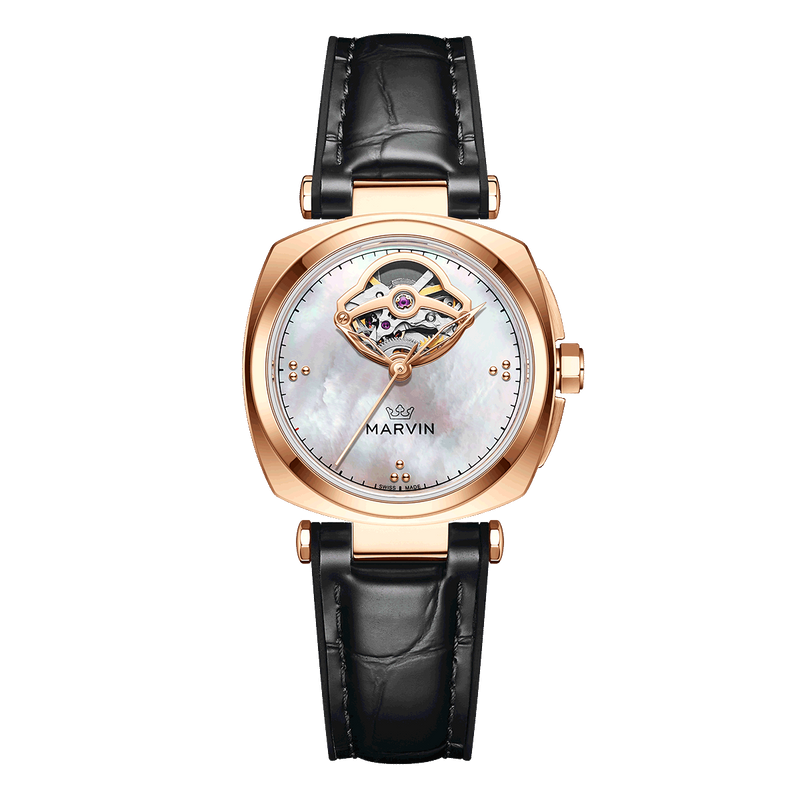 Montre Marvin : Montre squelette de luxe polyvalente Malton Cushion pour femme_voghion.com