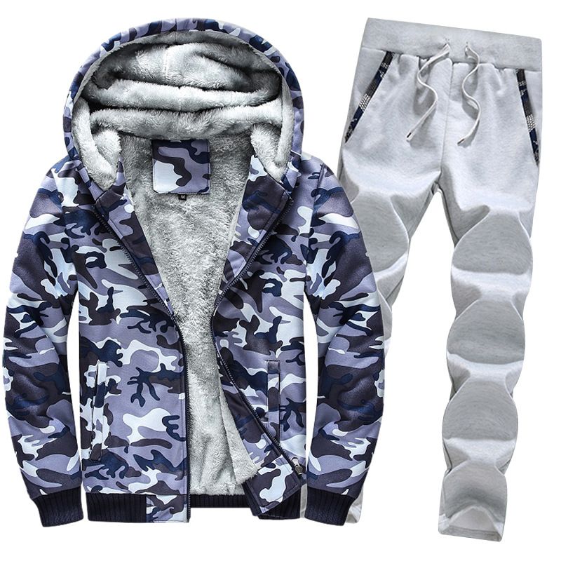 Fleece Men's Tracksuit Hoodie Suit Slim And Thick Warm Camouflage Suit_voghion.com