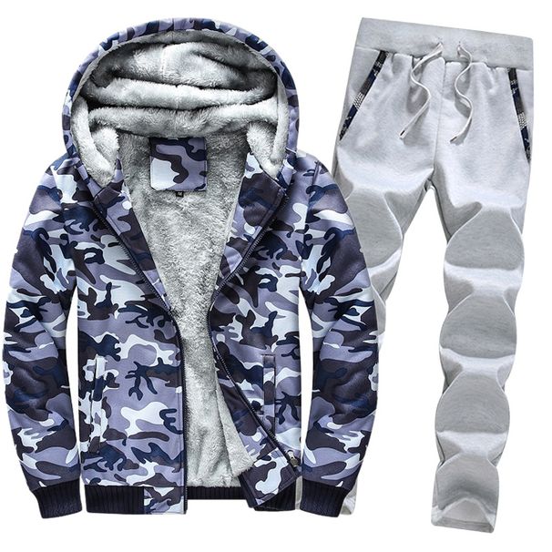 Fleece Men's Tracksuit Hoodie Suit Slim And Thick Warm Camouflage Suit_voghion.com