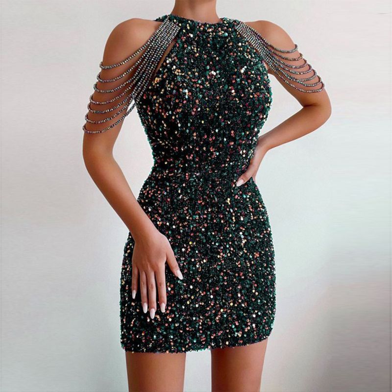 Damenbekleidung Frühling und Sommer neue Mode Neckholder sexy Kristall Quaste Hüfte-Abdeckung Pailletten Kleid Mitte Taille Abendkleid_voghion.com