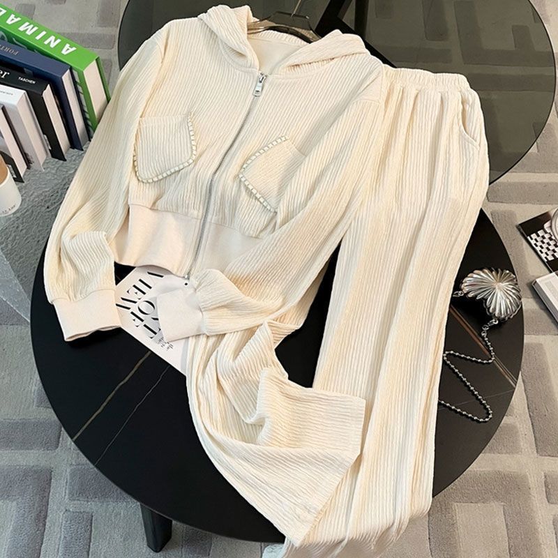 Abbigliamento da donna, abito sportivo casual per donna, autunno, nuovo cardigan largo, giacca con cappuccio, pantaloni dritti a vita alta, abito in due pezzi_voghion.com