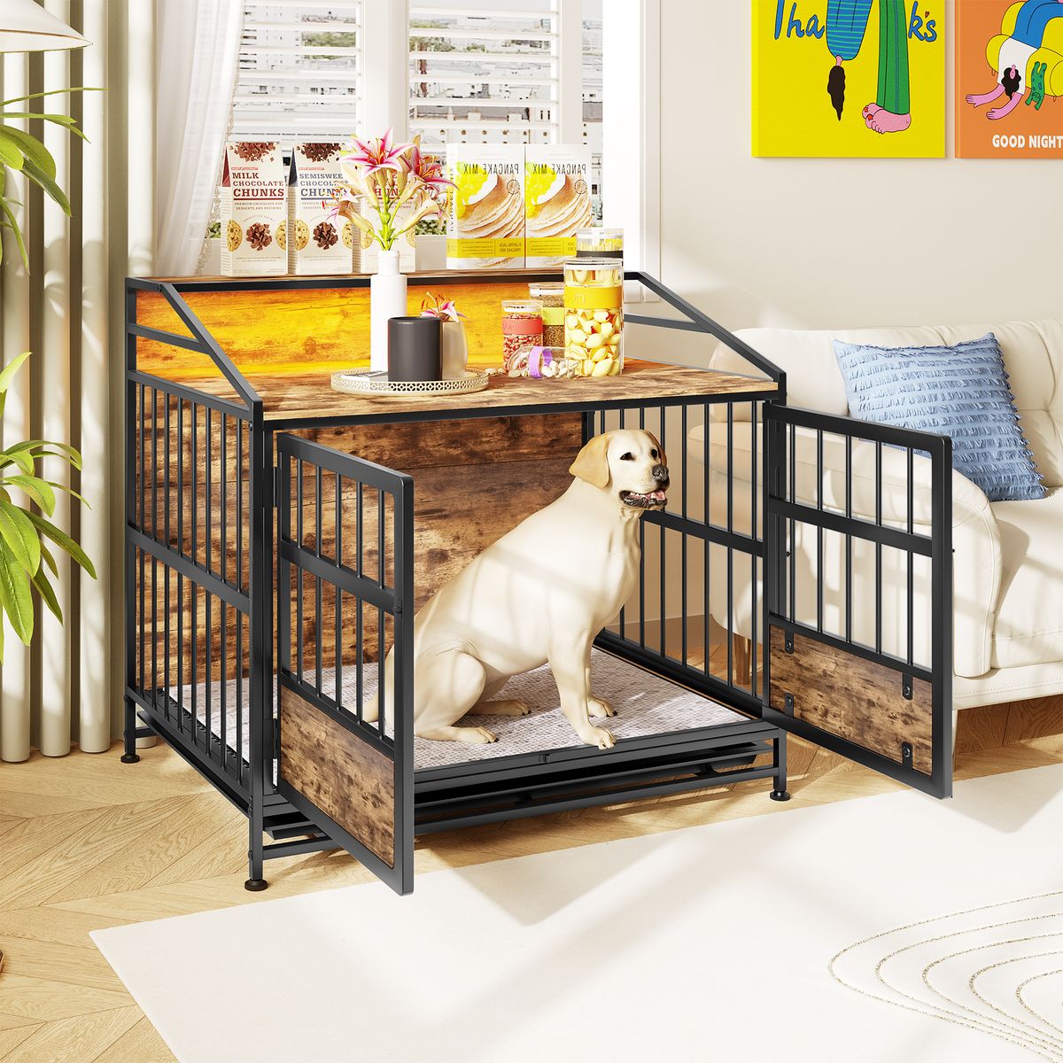 Multi-function Furniture Style Dog Crates With Storage, Dog Crate Furniture Large Wooden Dog Kennel With Double Doors, For Large/Medium Dog Indoor, Brown_voghion.com