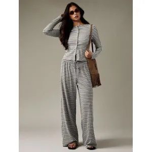 Women's Striped Knit Lounge Set – Long Sleeve Top & Wide Leg Pants, Poly-Spandex Blend For Work & Leisure (Grey/Brown, S-XXL)_voghion.com