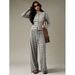 Women's Striped Knit Lounge Set – Long Sleeve Top & Wide Leg Pants, Poly-Spandex Blend For Work & Leisure (Grey/Brown, S-XXL)_voghion.com