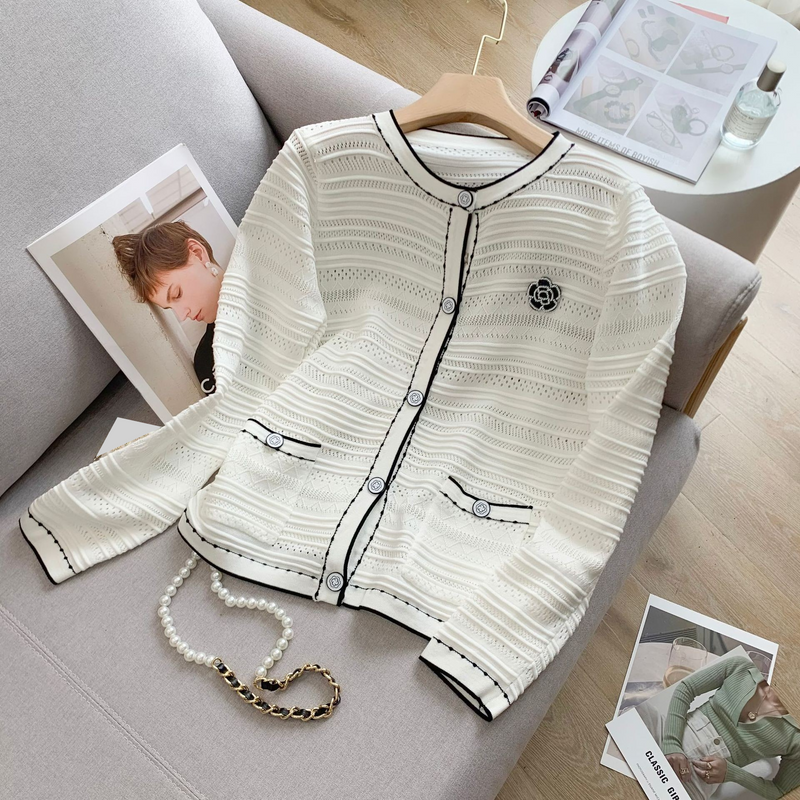 Roupas femininas Cardigan de malha Feminino Branco Solto Slim Simples Manga Longa Top_voghion.com