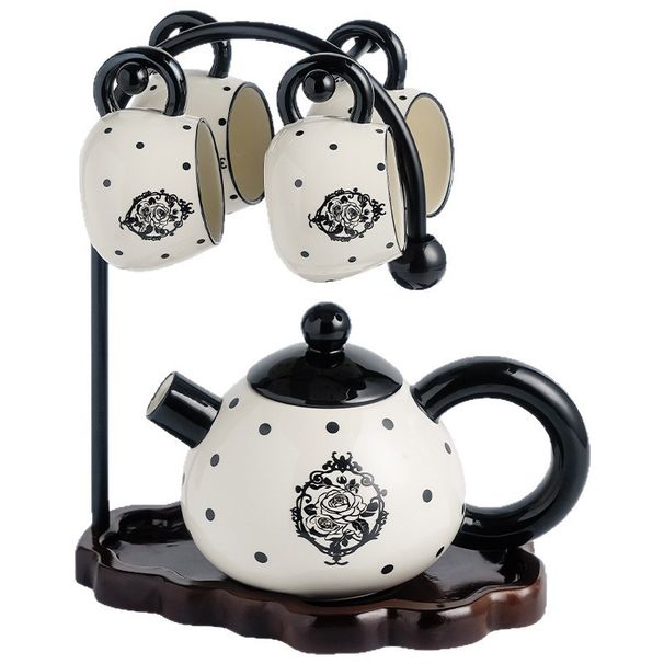 Ceramic Tea Set With Black Rose & Polka Dot Design – 1 Teapot & 4 Cups With Wooden Tray, Vintage Gift For Home & Gifting_voghion.com