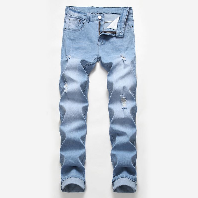 Ropa de hombre pantalones elásticos negros rasgados talla grande color claro_voghion.com