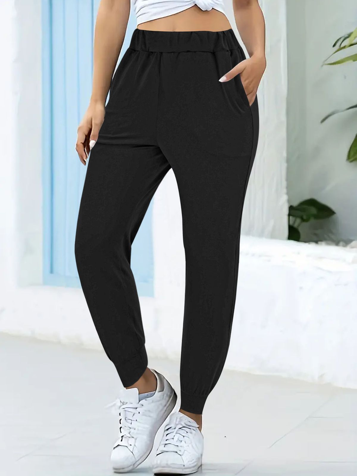 Women's Casual Jogger Pants With Elastic Waist & Cuffed Hem - Soft Stretch Milk Silk Fabric - Plus Size XL-5XL - Khaki & Black_voghion.com