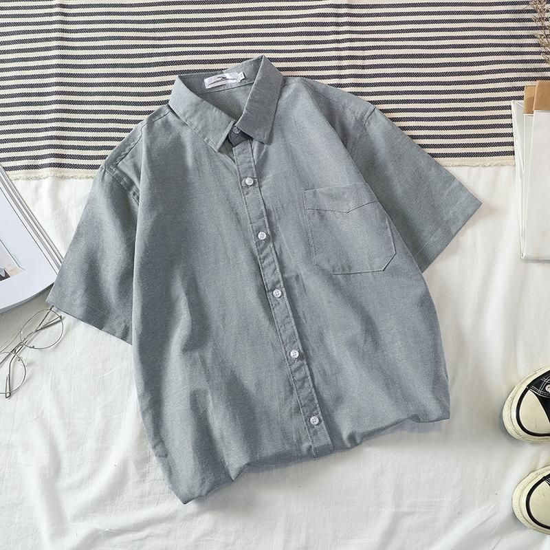 Foreign trade short sleeved shirt for men's Oxford spinning summer solid color light blue business casual work clothes shirt_voghion.com