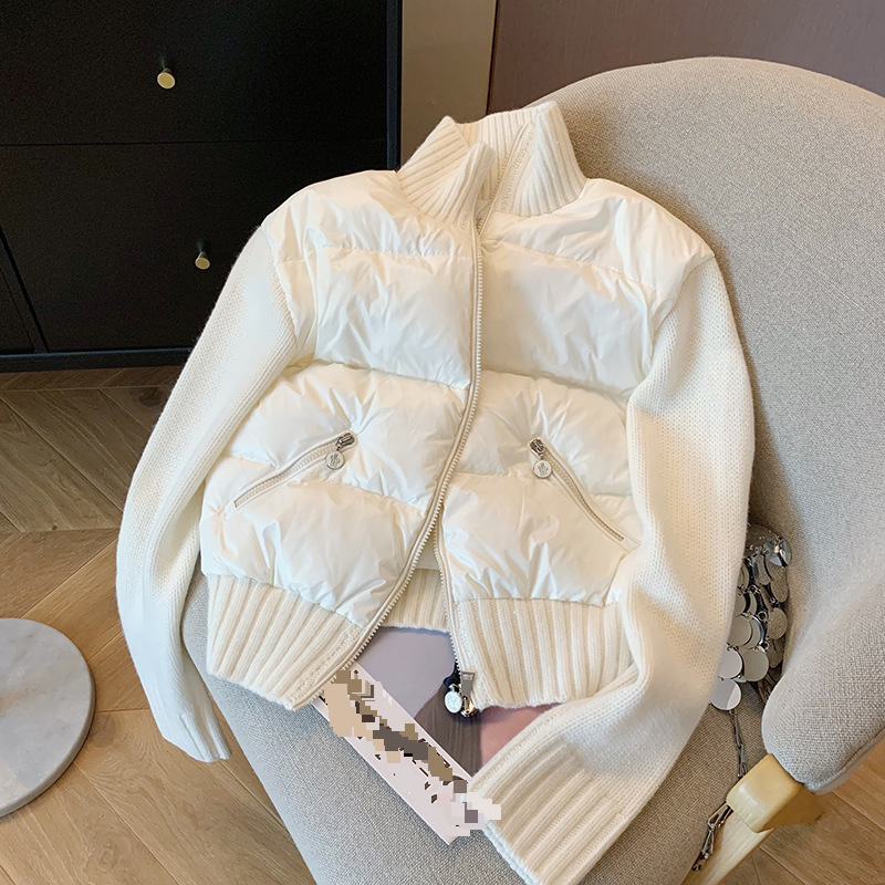 Women's Clothing White stand collar stitching knitted cotton jacket autumn and winter women niche design fashion all match quilted cotton jacket_voghion.com