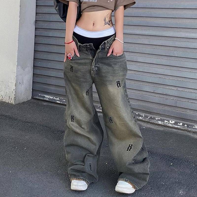 Ženske kavbojke y2k, gotska estetska oblačila, potiskane z zadrgo, nizek pas, vrečaste denim hlače iz 2000-ih, hlače v emo stilu, ulična oblačila_voghion.com