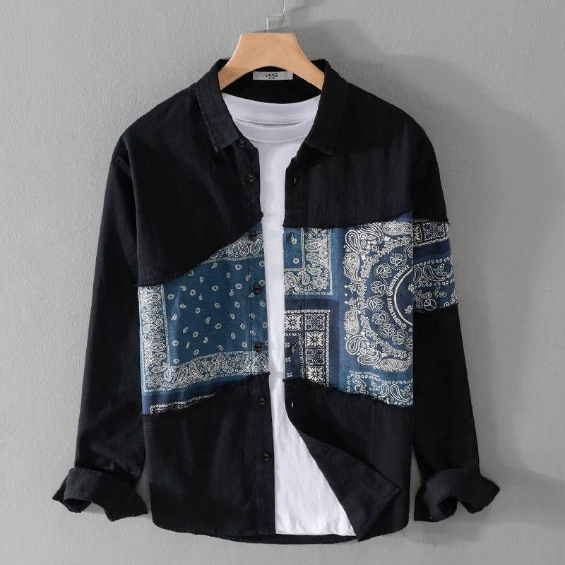 Abbigliamento maschile primavera e autunno, elegante casual, con cuciture stampate, camicia a maniche lunghe, tutto abbinato, camicia alla moda e alla personalità_voghion.com