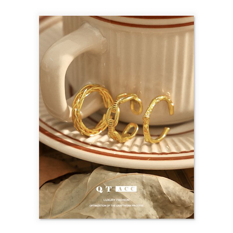 Women's Jewelry High Color Preservation Vacuum Electroplating Real Gold Retro Simple Lines Wrapped Ring Stacking Ins Hollow Design Ring_voghion.com