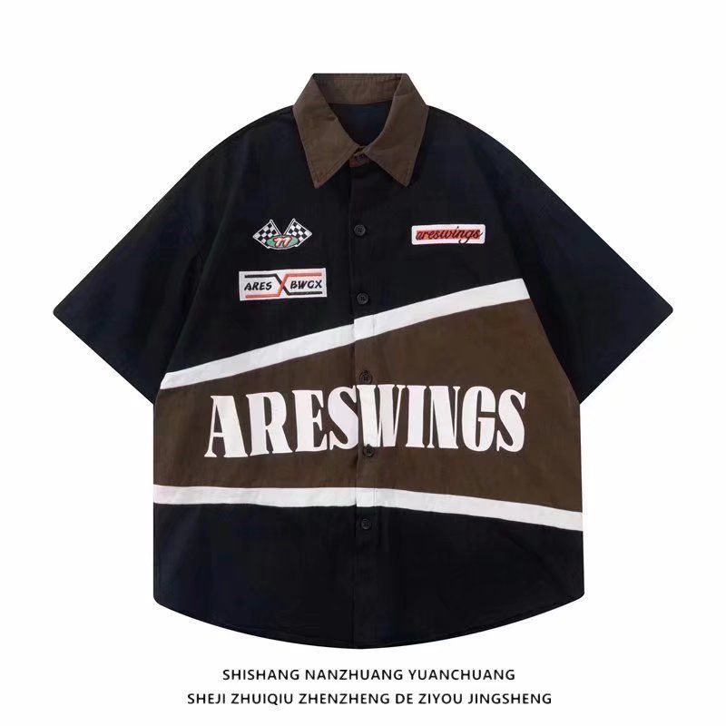 Herrenbekleidung Retro-Hiphop-Straßenrennanzughemd Herren kurzärmeliges Sommer-Locker-Ins-Trend-Motorrad-Dünnhemd_voghion.com