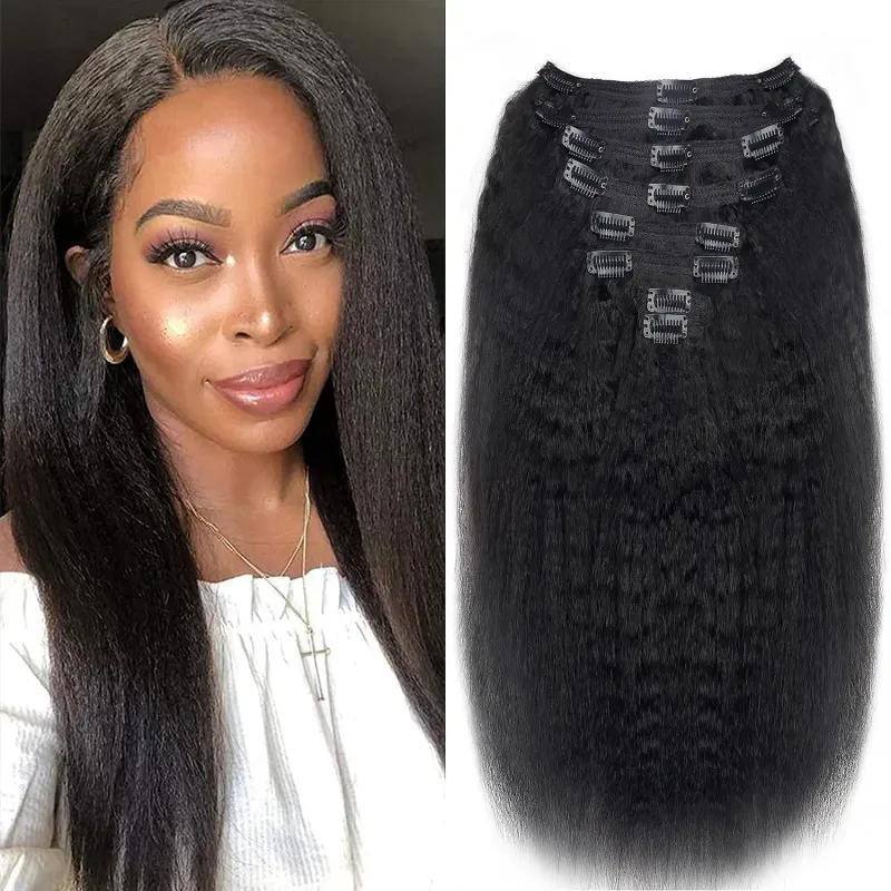 Kinky Straight Clip-in-Haarverlängerungen, echtes Menschenhaar, natürliches Schwarz, doppelte Tressen, Clip-ins für Frauen, Yaki Straight Clip-on-Haar_voghion.com