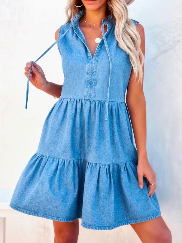 Lässiges Jeanskleid für Damen mit V-Ausschnitt und ausgestelltem Saum – Locker sitzendes Sommer-Tunika-Oberteil für Damen Damenbekleidung_voghion.com