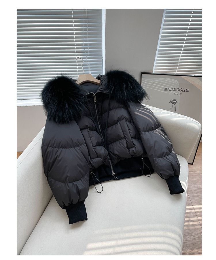 Dámské oblečení, módní krátká péřová bunda, dámská luxusní dámská bunda 90. let, bílá kachní peří, límec z lišky_voghion.com