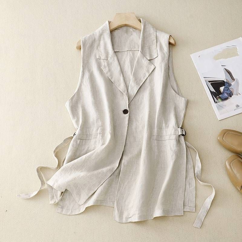 Gilet de grande taille en coton et lin pour femmes, gilet de costume fin sans manches, moyen et long_voghion.com