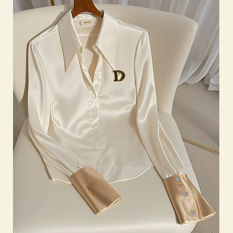 Fraekleedung Modesch High End Tops Nisch Eenzegaarteg Eenzegaarteg Cool Wäiss Acetat Satin Shirt_voghion.com