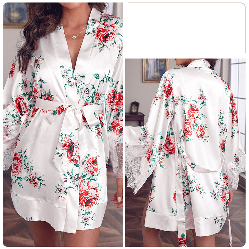 Ženska oblačila Guiruo Retro Temptation Ladies Print Pure Sexy Deep V Home Lace Ice Silk Robe Set_voghion.com