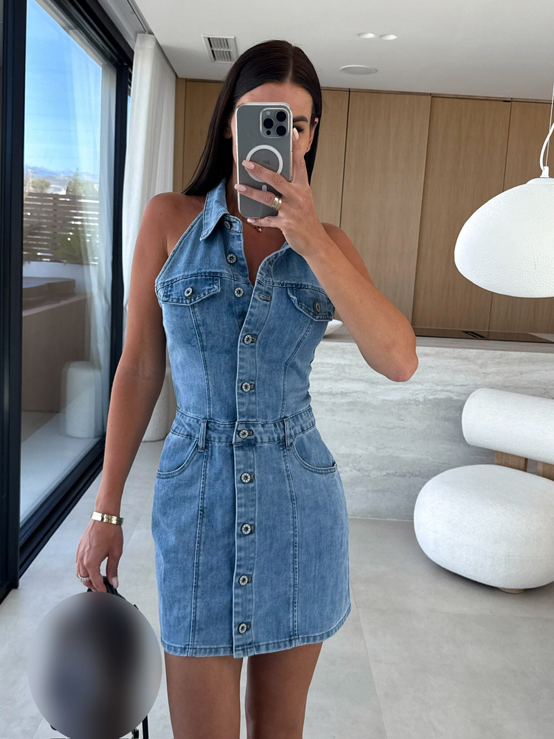 Women's Clothing Summer Single Breasted Style Lapel Sleeveless Waisted A Line Fashion Denim Dress Women's Clothing_voghion.com