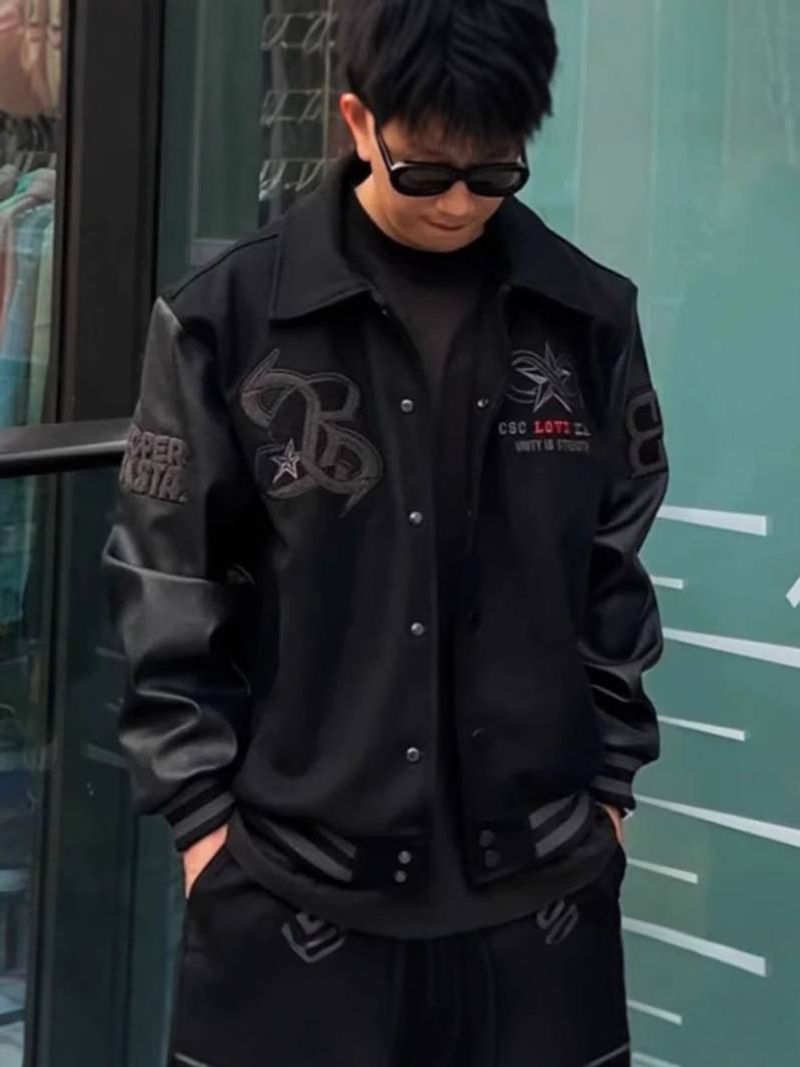 Men's Embroidered Baseball Jacket – Vintage Animal Print Varsity Coat (M-2XL) – Streetwear Polyester Outerwear With Distressed Leather Accents​_voghion.com
