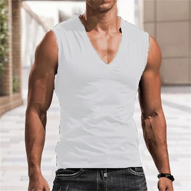 Europäische Größe Herren Einfarbig V-Ausschnitt Weste Lässig Atmungsaktiv Ärmellos T-Shirt Weste_voghion.com
