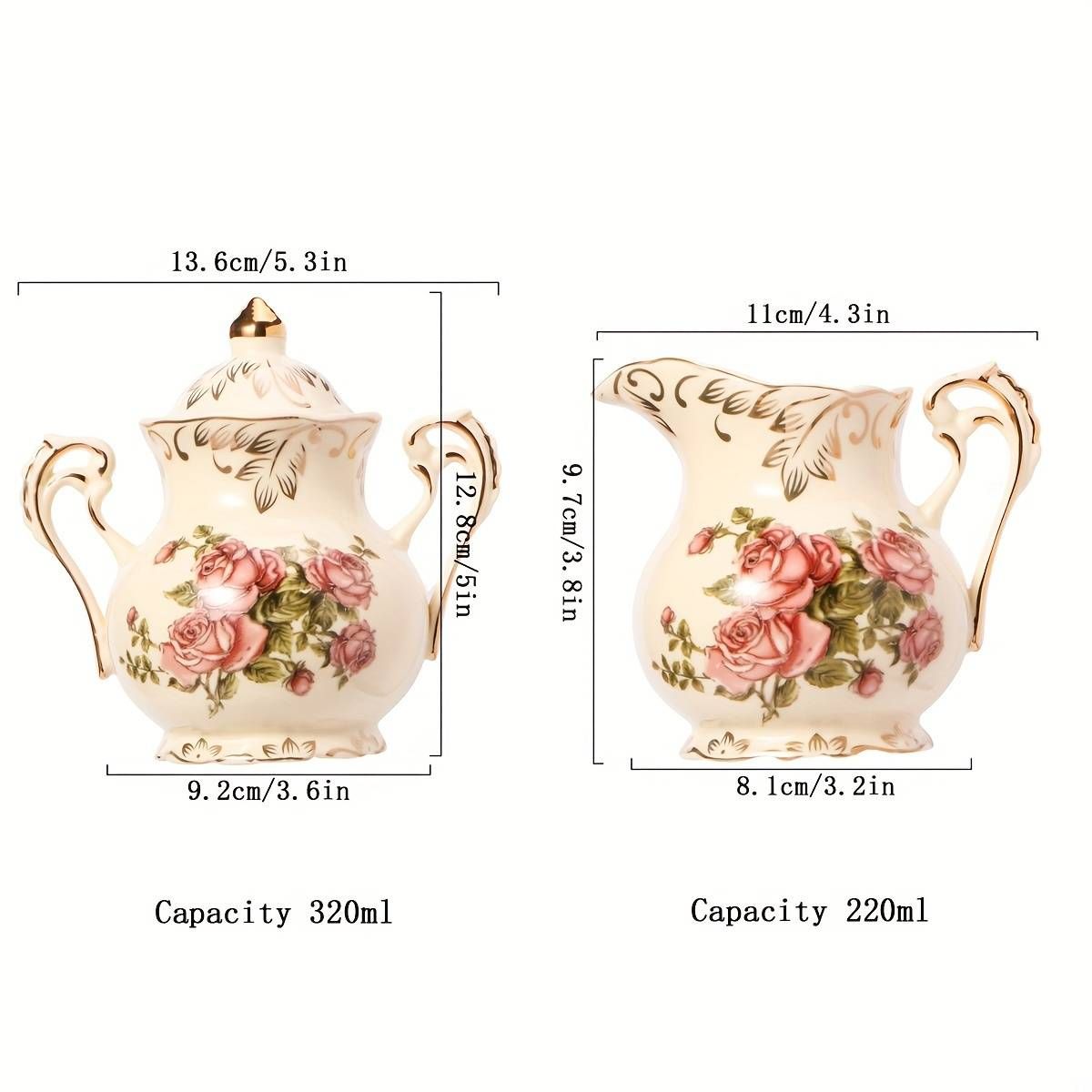 Ceramic Sugar And Creamer Set, Vintage Porlcelain Pitcher Creamer Sugar Bowl With Lid, Pink Rose Floarl Golden Leaves Edge_voghion.com