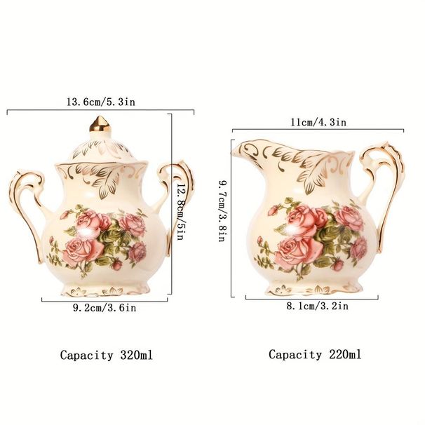 Ceramic Sugar And Creamer Set, Vintage Porlcelain Pitcher Creamer Sugar Bowl With Lid, Pink Rose Floarl Golden Leaves Edge_voghion.com