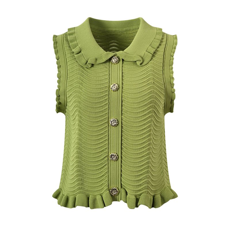 Ropa de mujer Chaleco de punto ondulado sin mangas con diseño de nicho y cuello de bebé con volantes franceses, falda, traje verde oliva_voghion.com