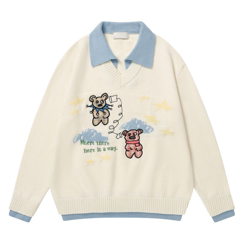 Strickpullover mit Polokragen im amerikanischen Stil für Herren und Damen, lockeres, schickes zweiteiliges Oberteil für Herbst und Winter_voghion.com