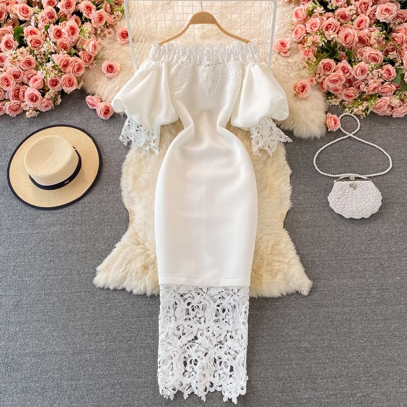 Women's Clothing Shoulder retro lantern exposed dress waist dress wrapped skirt one sleeve dress dress ancient hip red long skirt collar_voghion.com