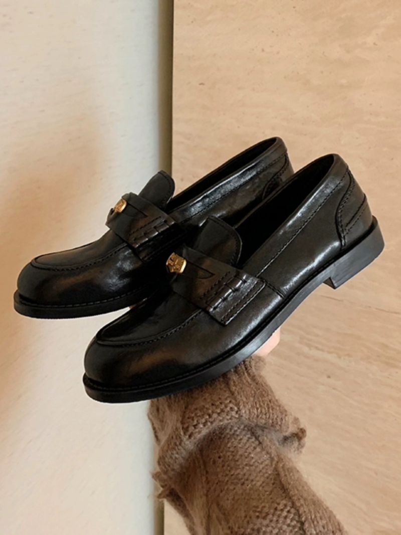 İlk Katman İnek Derisi ~ Gerçek Deri Altın Madeni Para İngiliz Stili Retro Kalın Topuk Yuvarlak Başlı Slip-on Loafer'lar Kadın_voghion.com