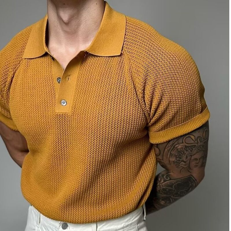 Men's Clothing Honeycomb Knitted Polo Shirt For Men Dongdaemun New Niche High End Washed Distressed Loose Short Sleeved T Shirt Top_voghion.com